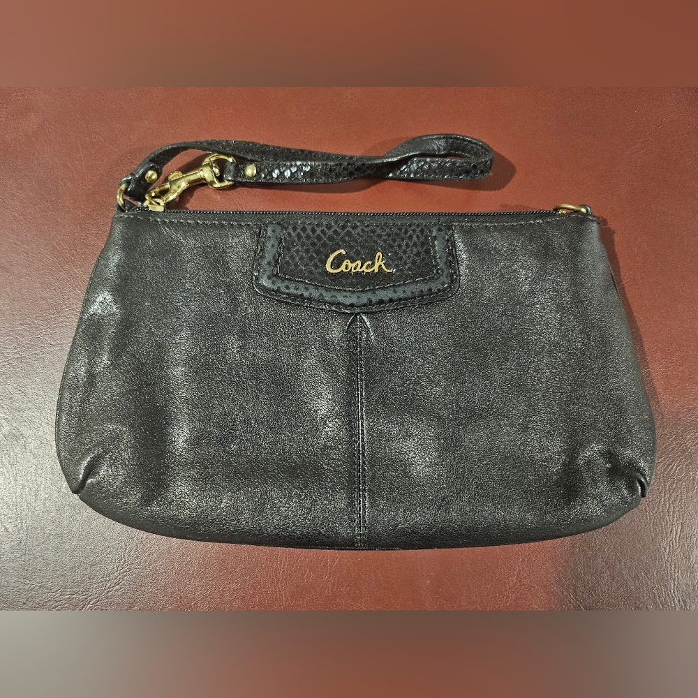 Coach Black Leather Clutch with Gold Accents